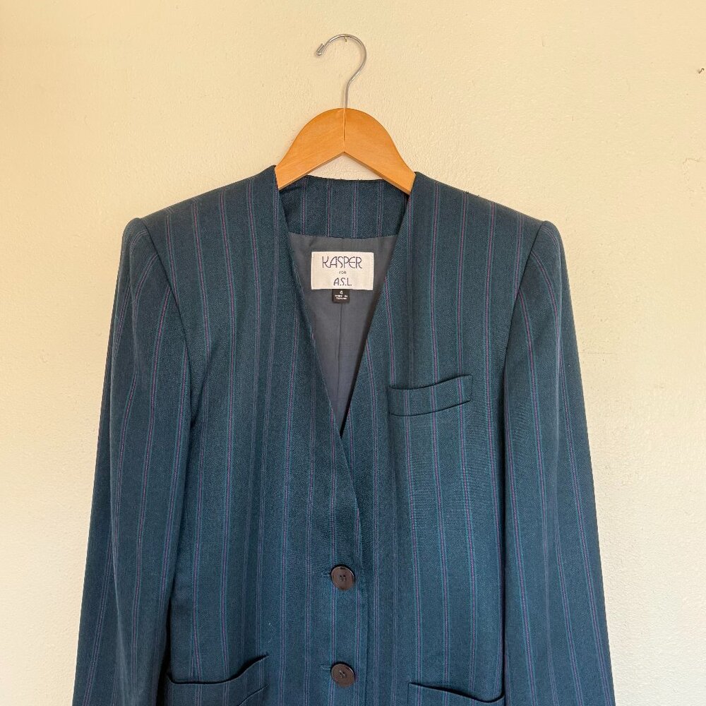 Kasper for A.S.L. Teal and Fuchsia Pinstripe 80s Office Wear Blazer Skirt Set Sm